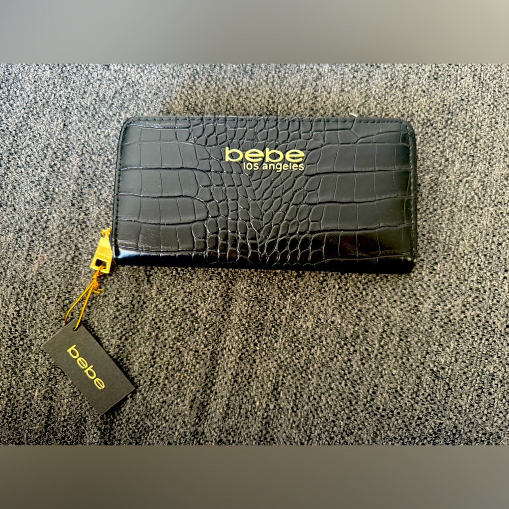 NWT Bebe black alligator zip around wallet gold hardware